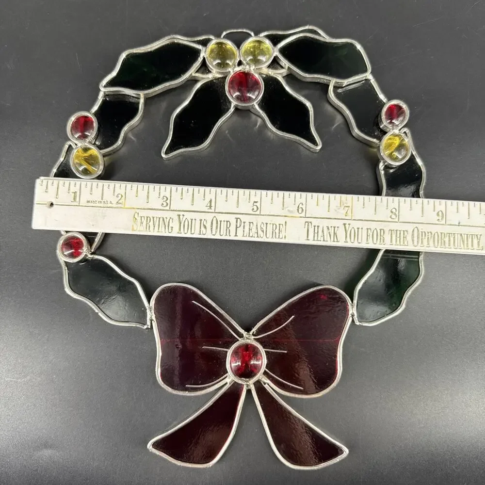 Stained Glass Holly and Berry Christmas Wreath Sun Catcher Holiday Window Decor
